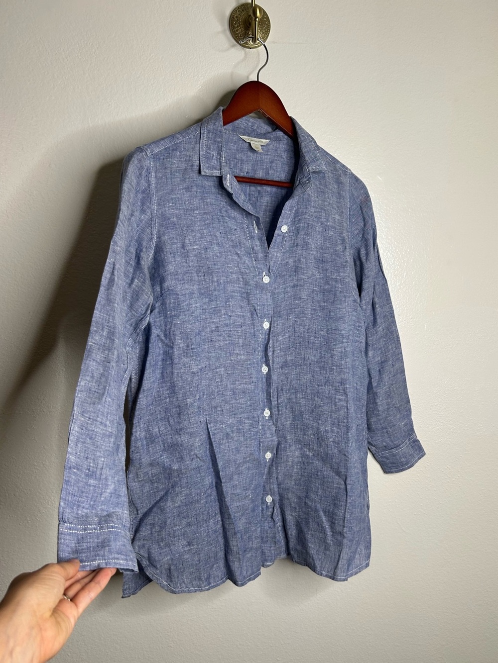 Garnet Hill 100% Linen Blue Button Down Long Sleeve Tunic Top